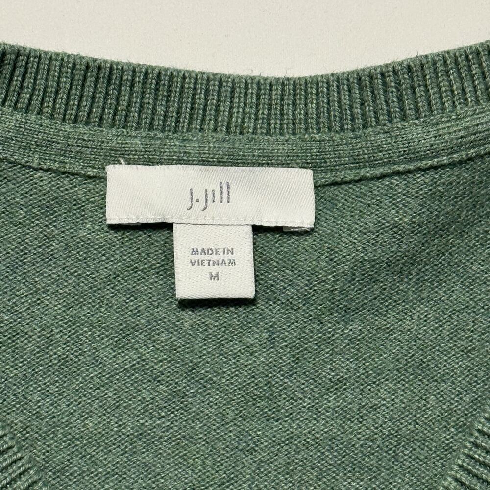 J Jill Green V Neck Ribbed Long Sleeve Sweater Green Cotton Silk Wool Medium
